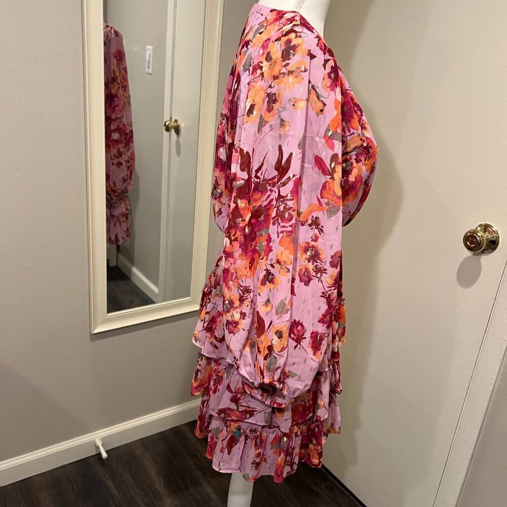 MSK Pink Floral Smocked Waist Tiered Mini Dress, Size Medium - Picture 9 of 16